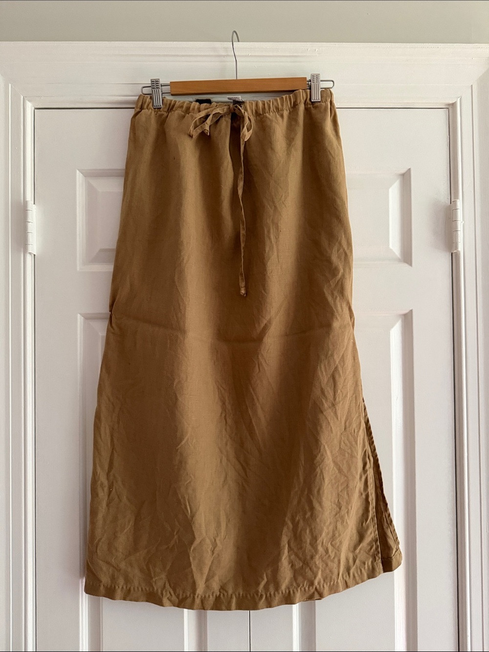 Casual Drawstring Linen Midi Skirt - Tan